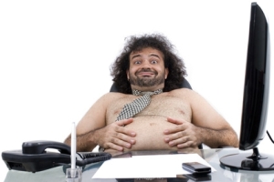 fat shirtless man in office