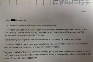 resignation letter from Burger King employee