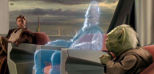Star Wars scene with middle-aged Obi Wan and Yoda at a Jedi council meeting in conference chairs, with Ki Adi Mundi attending virtually by hologram